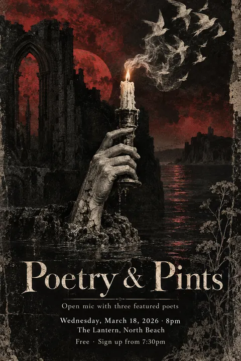 4AD Records style poster for a fictional event called Poetry & Pints