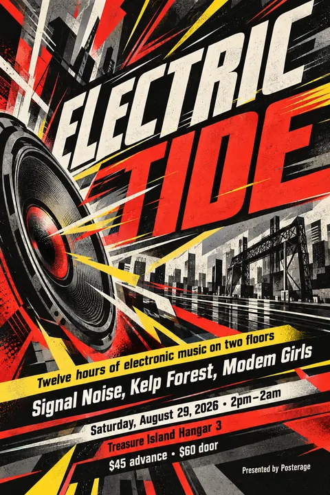 Futurist style event poster for a fictional festival: Electric Tide