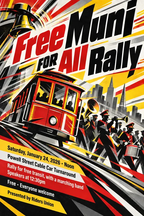 Futurist style event poster for a fictional protest: Free Muni for All Rally