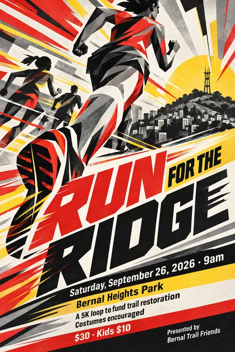 Futurist style event poster for a fictional fundraiser: Run for the Ridge