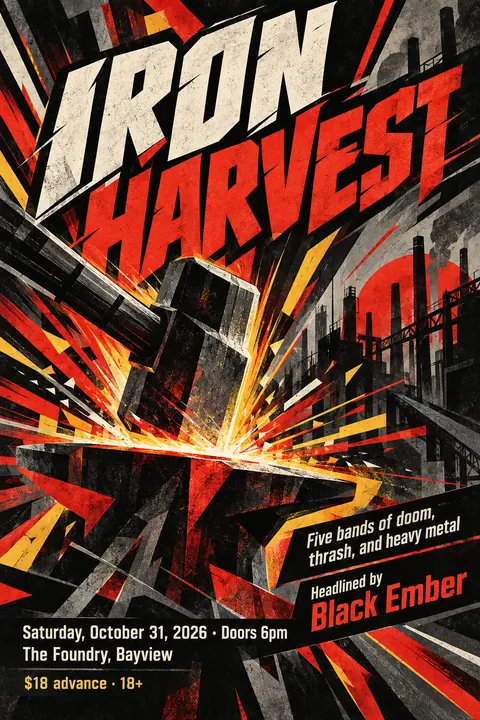 Futurist style poster for a fictional event called Iron Harvest