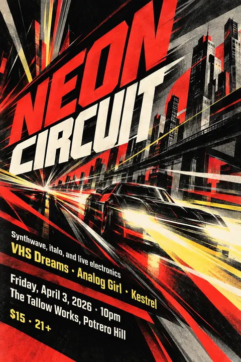 Futurist style poster for a fictional event called Neon Circuit