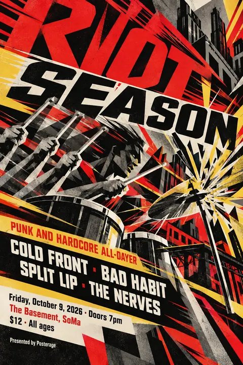 Futurist style poster for a fictional event called Riot Season