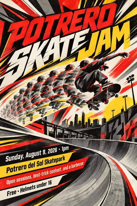 Futurist style poster for a fictional event called Potrero Skate Jam