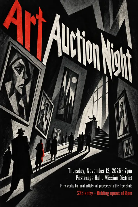 German Expressionist Film Poster style event poster for a fictional fundraiser: Art Auction Night