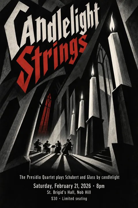 German Expressionist Film Poster style poster for a fictional event called Candlelight Strings
