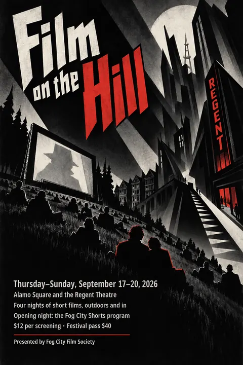 German Expressionist Film Poster style event poster for a fictional festival: Film on the Hill