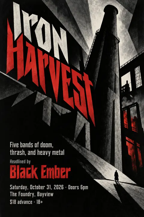 German Expressionist Film Poster style poster for a fictional event called Iron Harvest