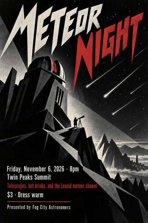 German Expressionist Film Poster style event poster for a fictional community: Meteor Night