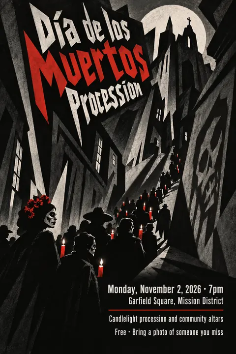 German Expressionist Film Poster style poster for a fictional event called Día de los Muertos Procession