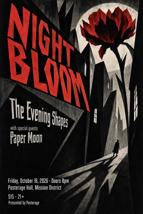 German Expressionist Film Poster style poster for a fictional event called Night Bloom
