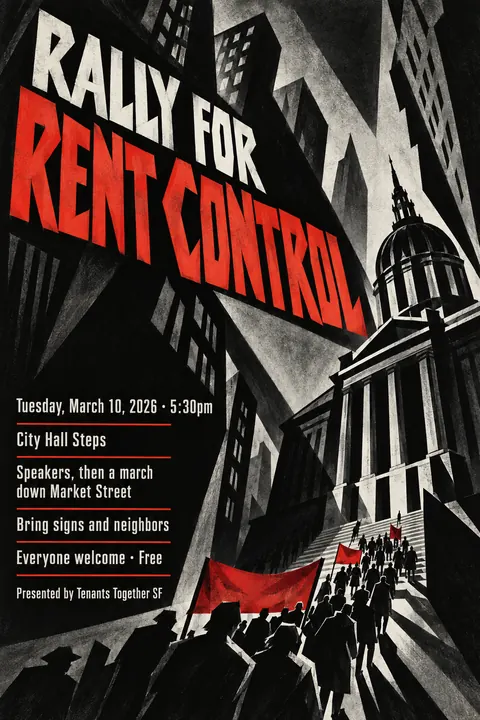 German Expressionist Film Poster style event poster for a fictional protest: Rally for Rent Control
