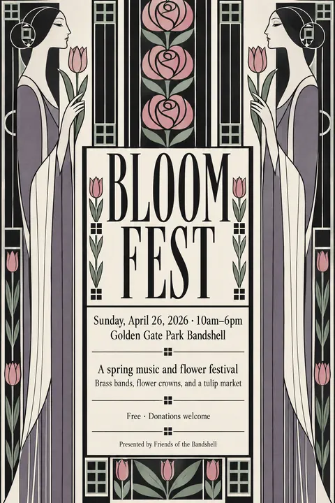 Glasgow Style style event poster for a fictional festival: Bloom Fest
