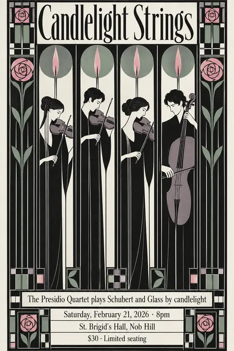 Glasgow Style style poster for a fictional event called Candlelight Strings