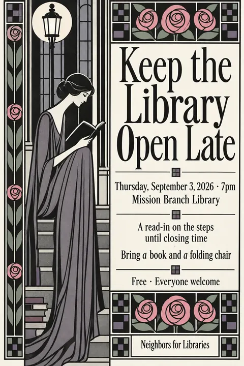 Glasgow Style style event poster for a fictional protest: Keep the Library Open Late