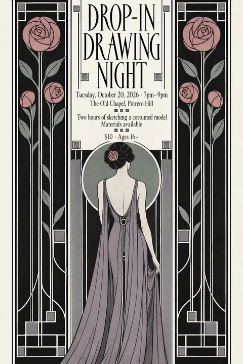 Glasgow Style style poster for a fictional event called Drop-in Drawing Night