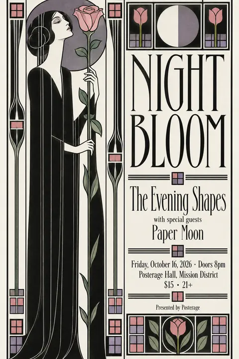 Glasgow Style style poster for a fictional event called Night Bloom