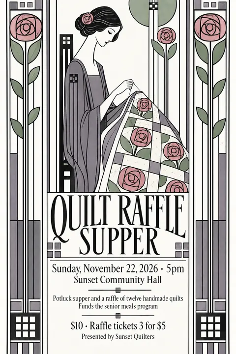 Glasgow Style style event poster for a fictional fundraiser: Quilt Raffle Supper