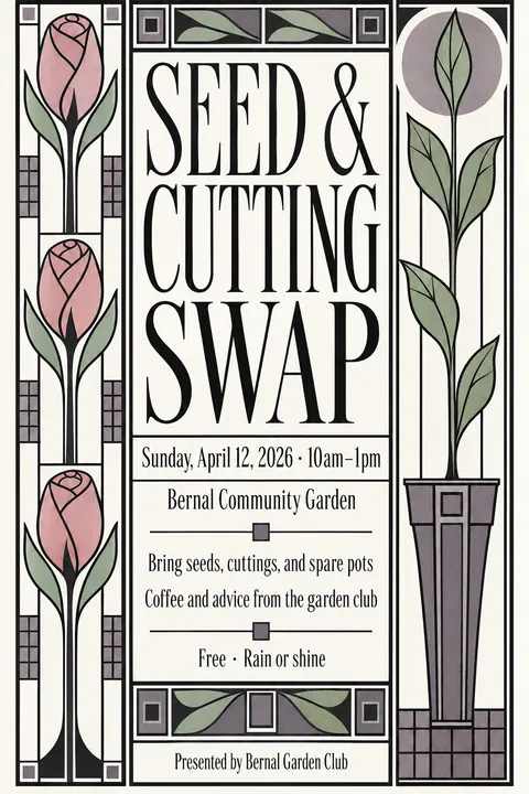 Glasgow Style style poster for a fictional event called Seed & Cutting Swap