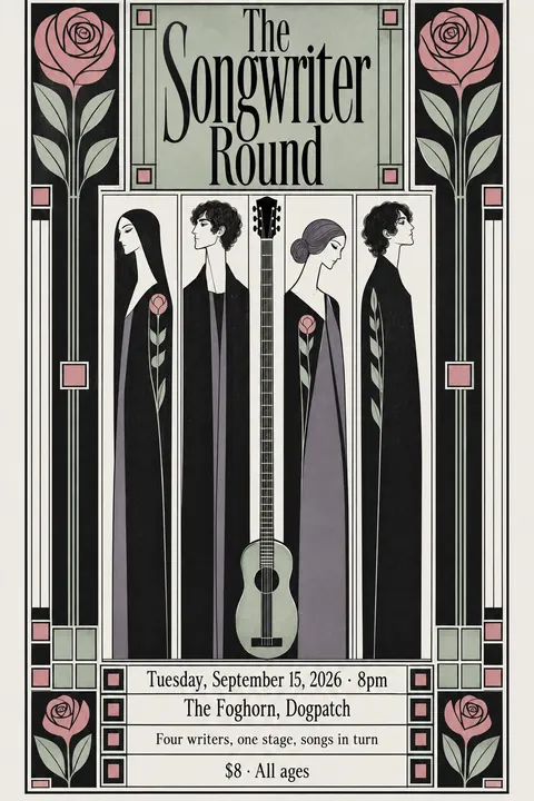 Glasgow Style style poster for a fictional event called The Songwriter Round