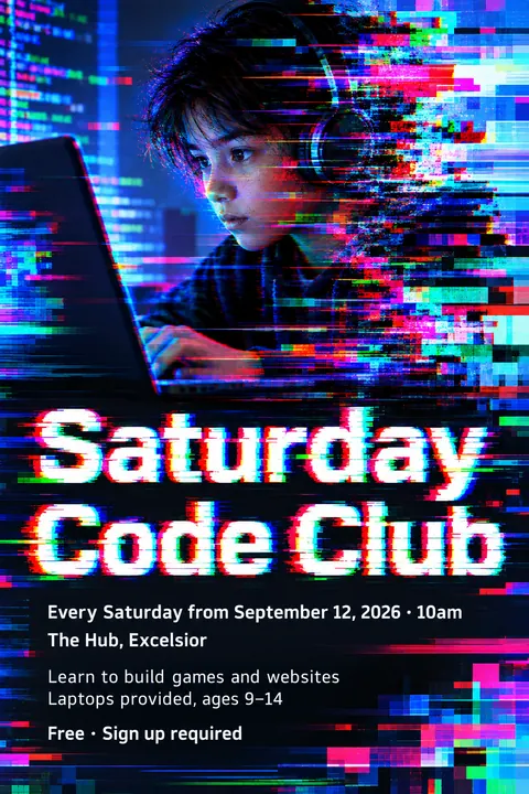 Glitch Art style poster for a fictional event called Saturday Code Club