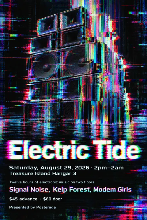 Glitch Art style event poster for a fictional festival: Electric Tide