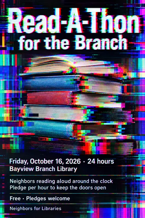 Glitch Art style event poster for a fictional fundraiser: Read-A-Thon for the Branch