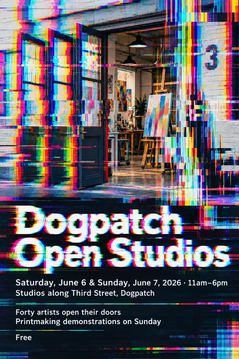 Glitch Art style poster for a fictional event called Dogpatch Open Studios