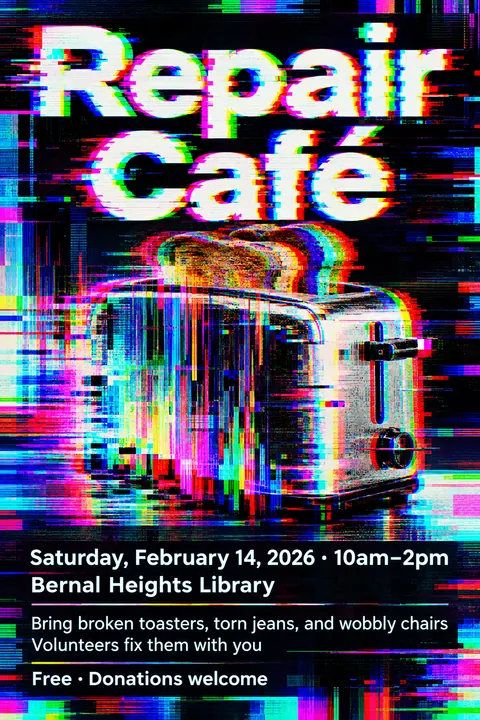 Glitch Art style poster for a fictional event called Repair Café