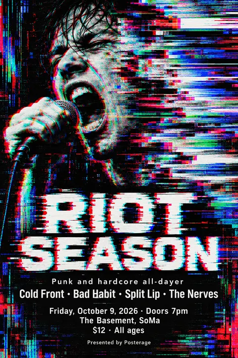 Glitch Art style poster for a fictional event called Riot Season
