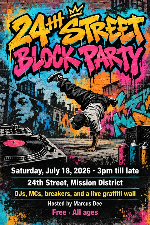 Graffiti / Street Art style poster for a fictional event called 24th Street Block Party