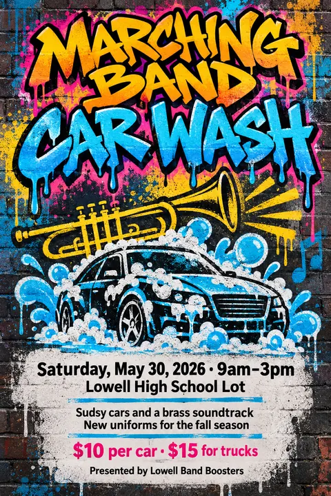 Graffiti / Street Art style event poster for a fictional fundraiser: Marching Band Car Wash