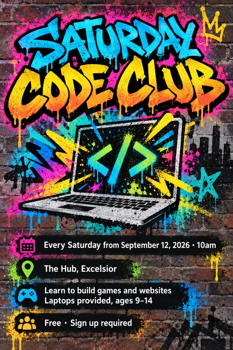 Graffiti / Street Art style poster for a fictional event called Saturday Code Club