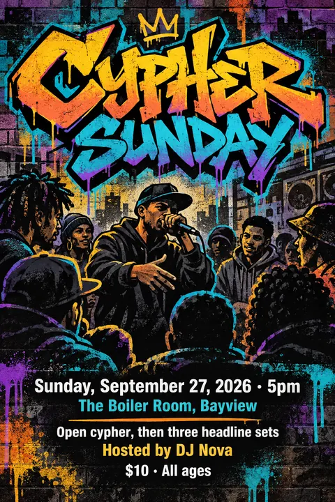 Graffiti / Street Art style poster for a fictional event called Cypher Sunday