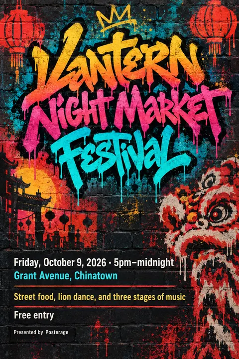 Graffiti / Street Art style event poster for a fictional festival: Lantern Night Market Festival