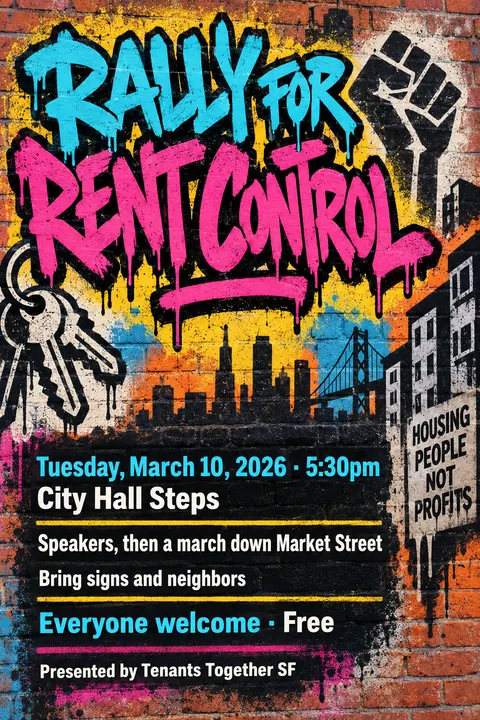 Graffiti / Street Art style event poster for a fictional protest: Rally for Rent Control