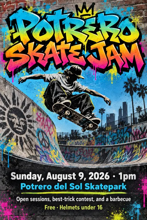 Graffiti / Street Art style poster for a fictional event called Potrero Skate Jam