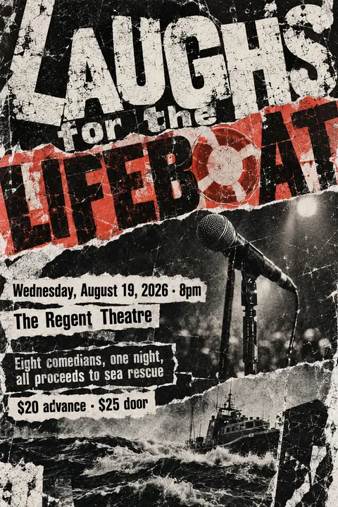 Grunge Typography style event poster for a fictional fundraiser: Laughs for the Lifeboat