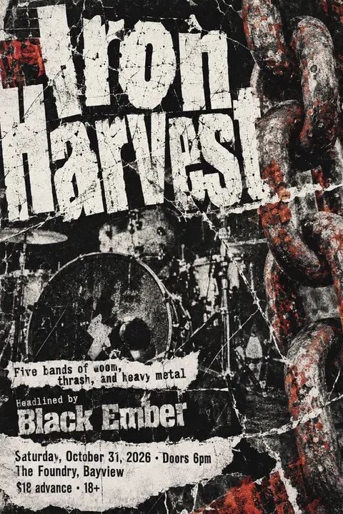 Grunge Typography style poster for a fictional event called Iron Harvest