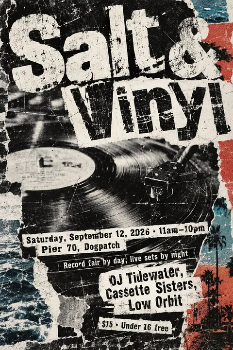 Grunge Typography style event poster for a fictional festival: Salt & Vinyl