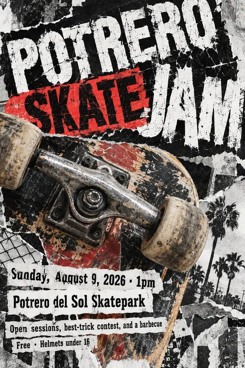 Grunge Typography style poster for a fictional event called Potrero Skate Jam