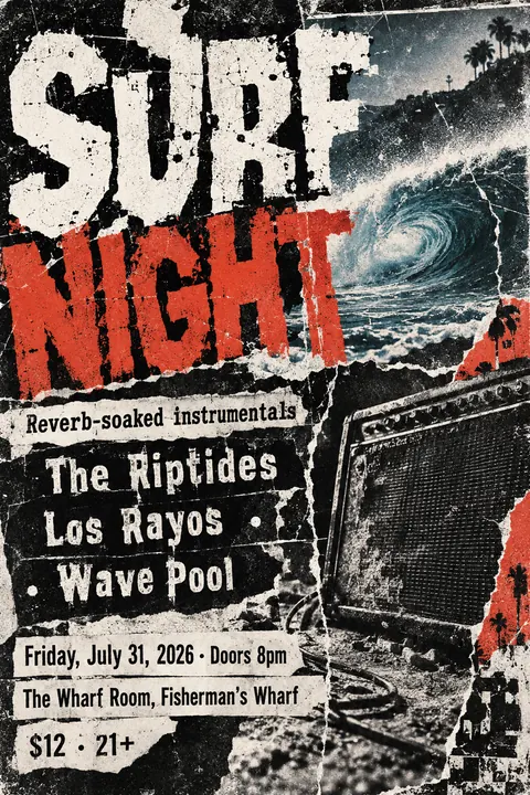 Grunge Typography style poster for a fictional event called Surf Night