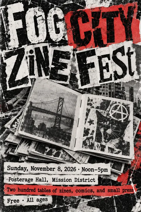 Grunge Typography style poster for a fictional event called Fog City Zine Fest