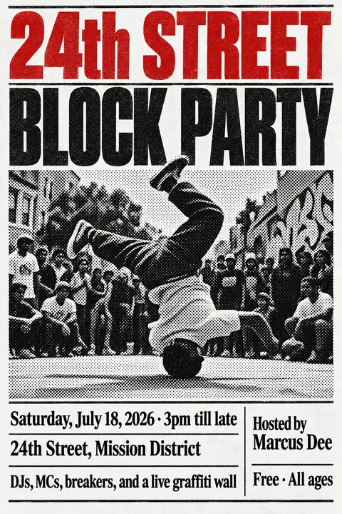 Halftone / Newsprint style poster for a fictional event called 24th Street Block Party