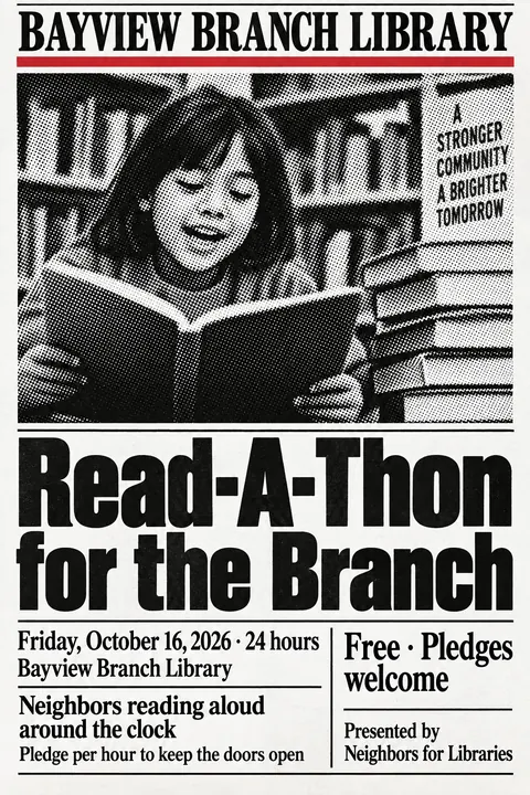 Halftone / Newsprint style event poster for a fictional fundraiser: Read-A-Thon for the Branch