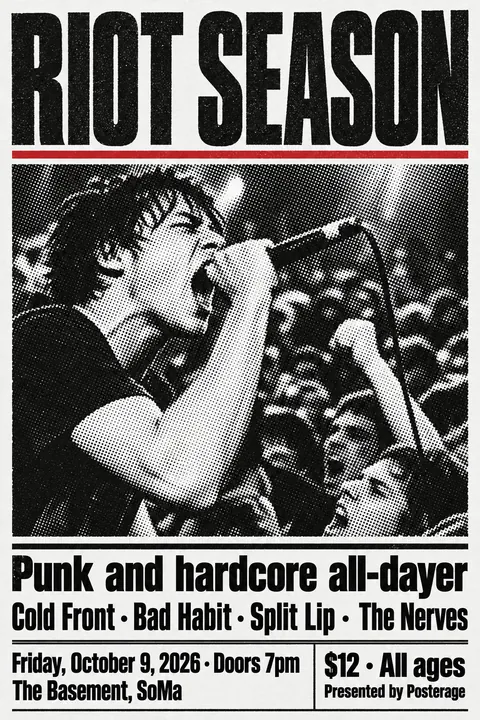 Halftone / Newsprint style poster for a fictional event called Riot Season