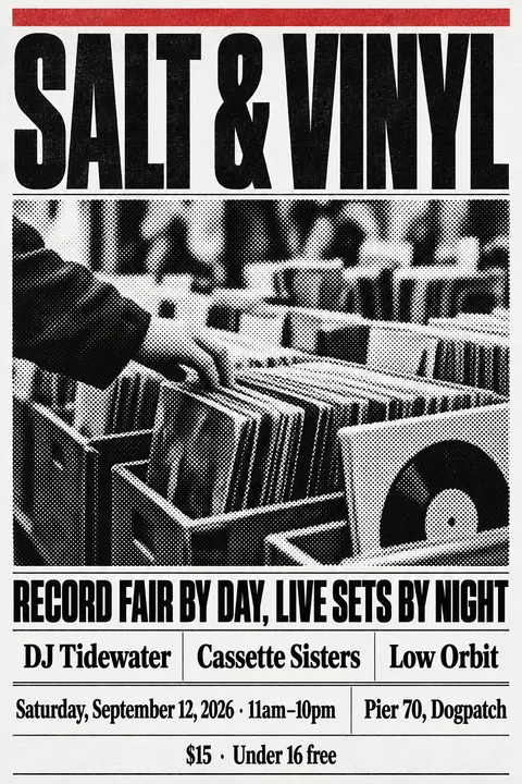 Halftone / Newsprint style event poster for a fictional festival: Salt & Vinyl