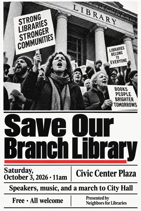 Halftone / Newsprint style poster for a fictional event called Save Our Branch Library