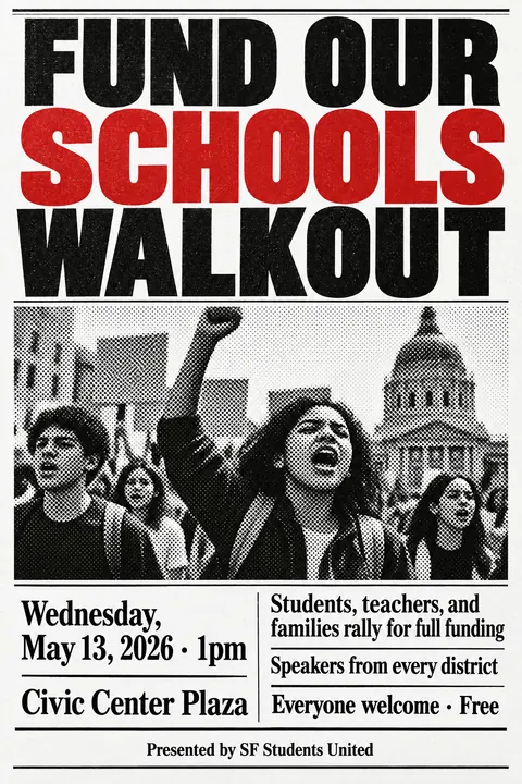 Halftone / Newsprint style event poster for a fictional protest: Fund Our Schools Walkout