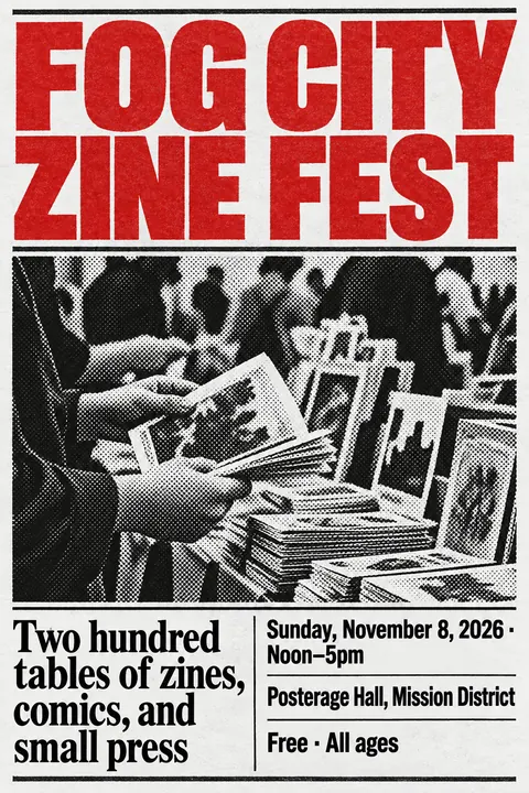 Halftone / Newsprint style poster for a fictional event called Fog City Zine Fest
